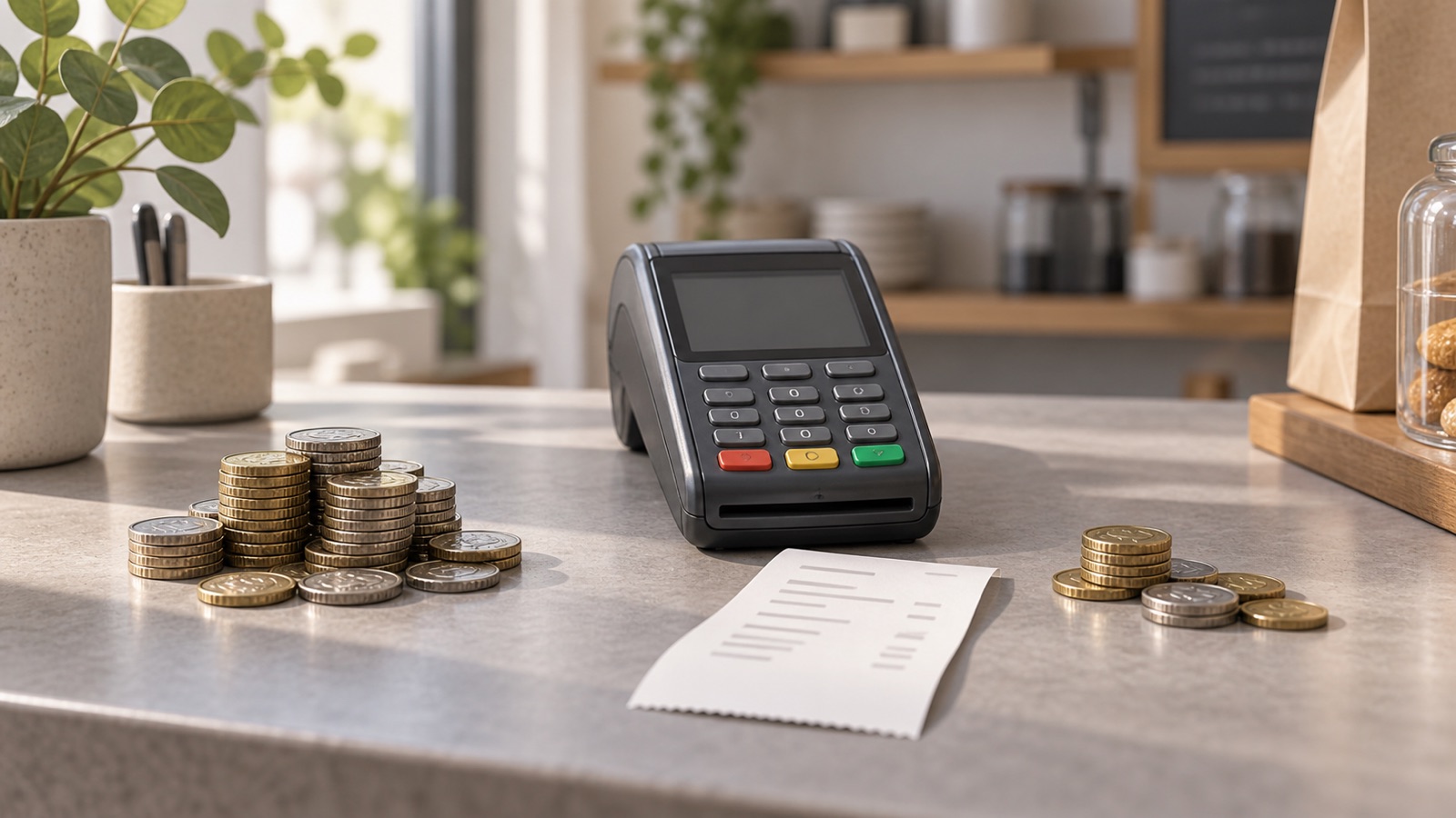 An unbranded payment terminal, receipt and separate coin groups illustrating merchant payment costs and surcharge recovery.