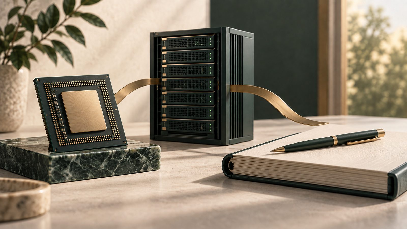Conceptual illustration of a semiconductor chip, server rack and blank ledger with a pen.