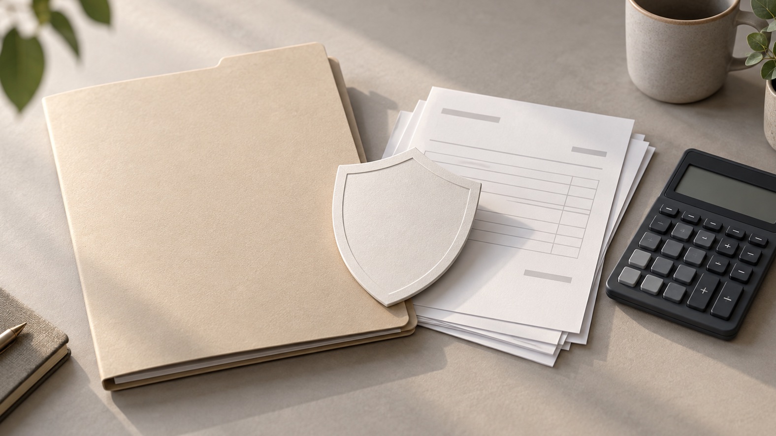 Unbranded policy folder, shield symbol, blank fee documents and calculator representing a check of audit-cover terms and costs