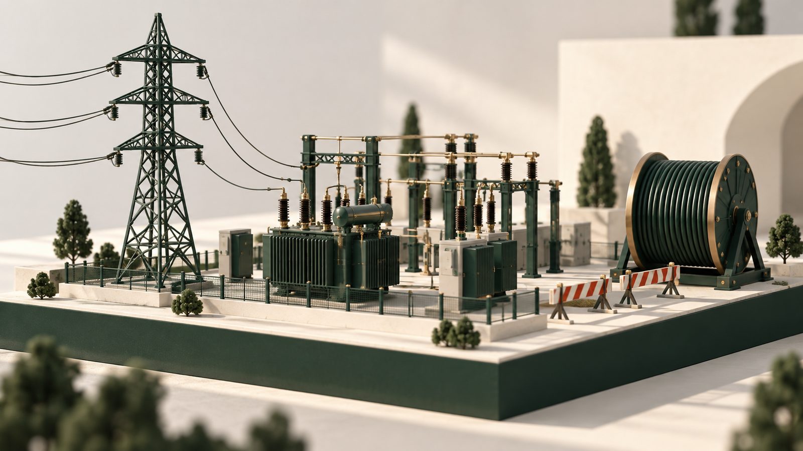Miniature transmission pylon, substation and cable spool illustrating electricity infrastructure.