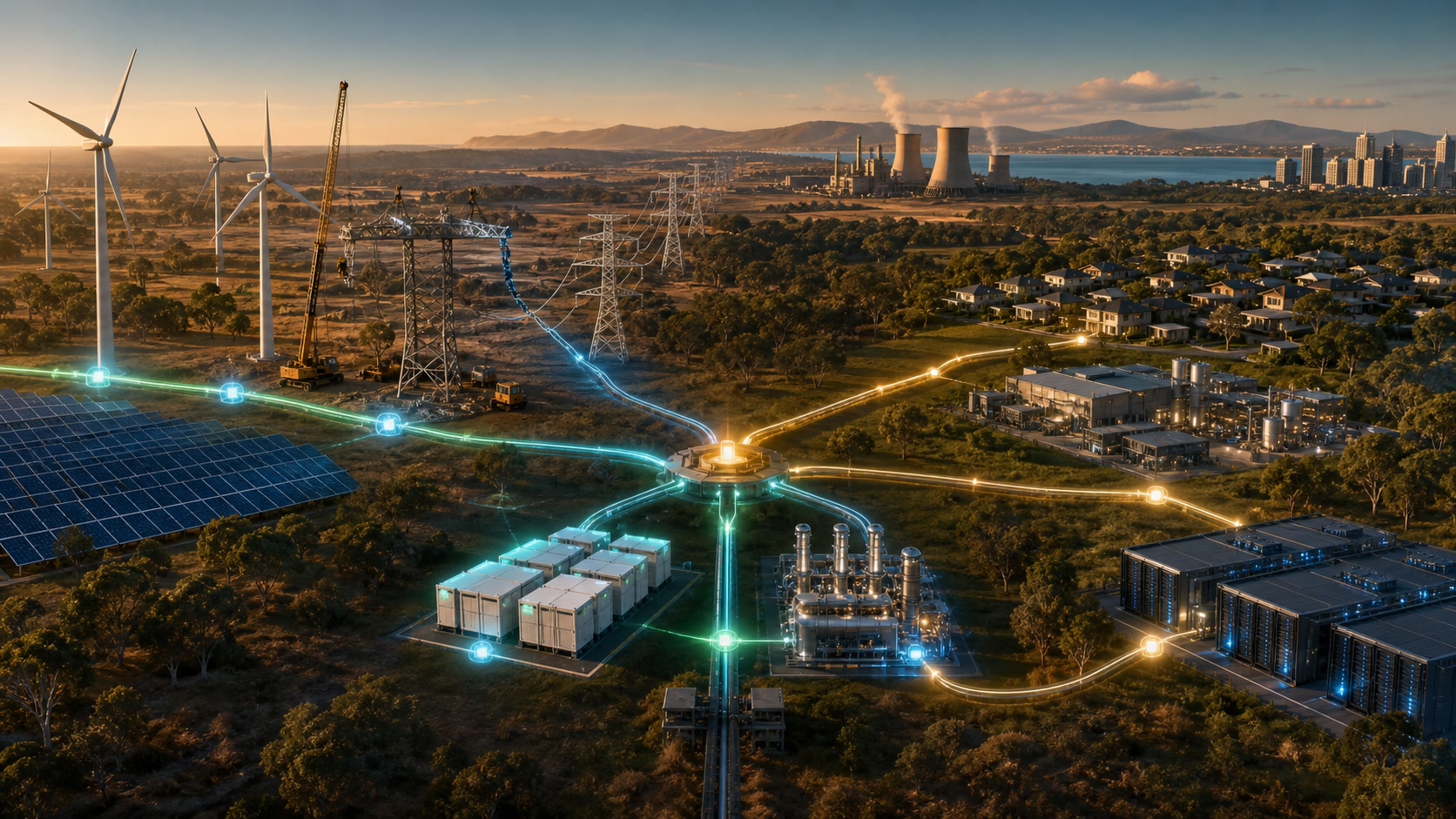Australian electricity transition linking renewable generation, transmission, storage, gas backup and growing demand