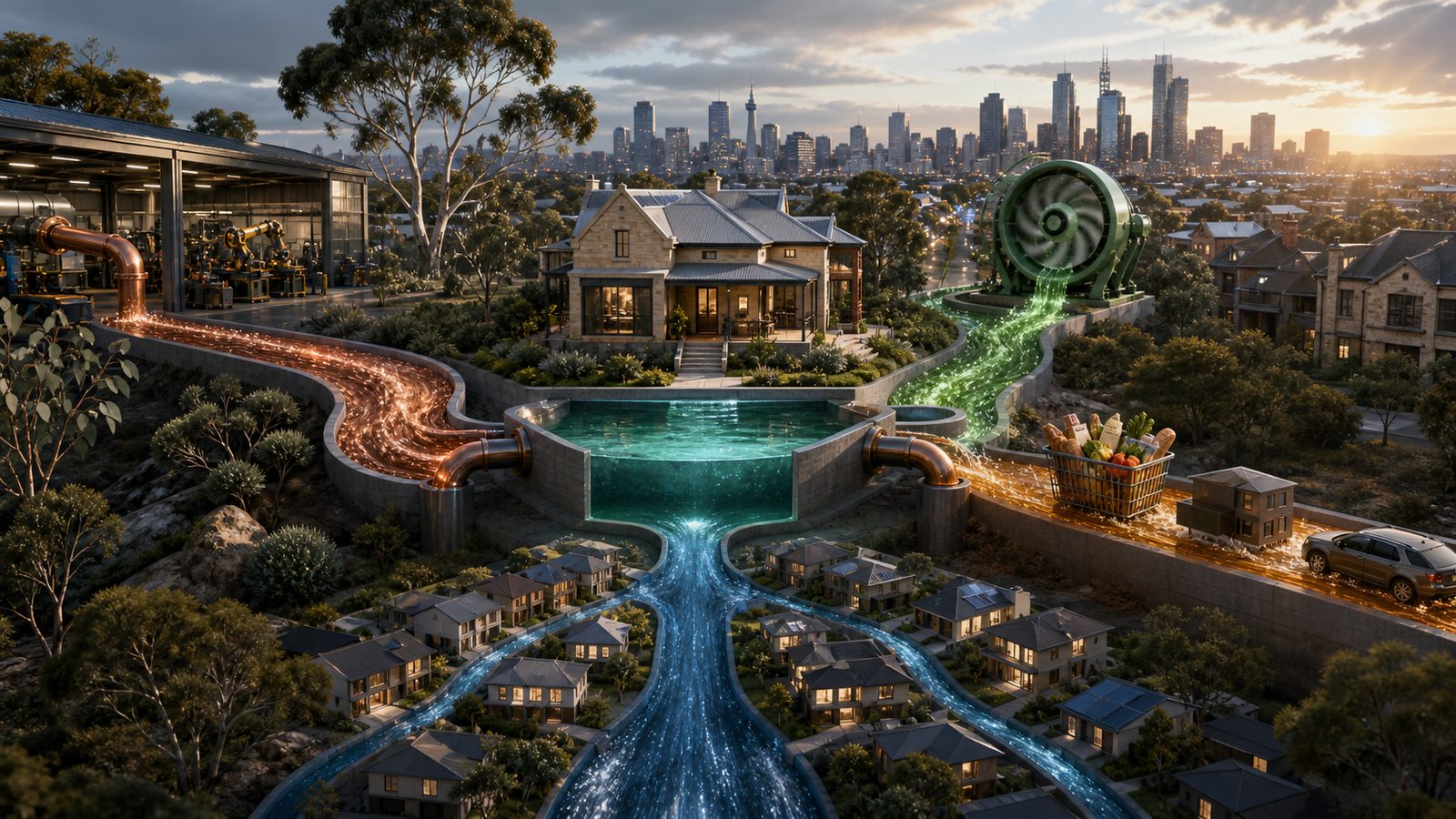 Conceptual illustration of coloured streams connecting industry, a household reservoir, everyday expenses and rows of homes