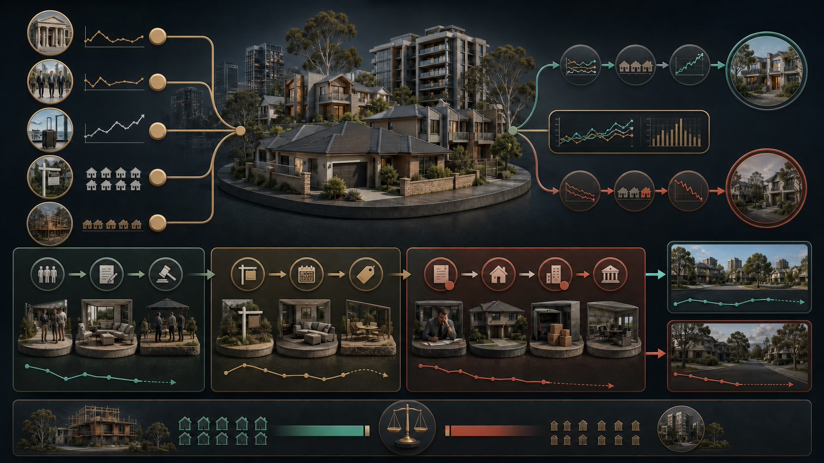 Australian housing turning-point dashboard linking credit, listings, seller behaviour and financial stress