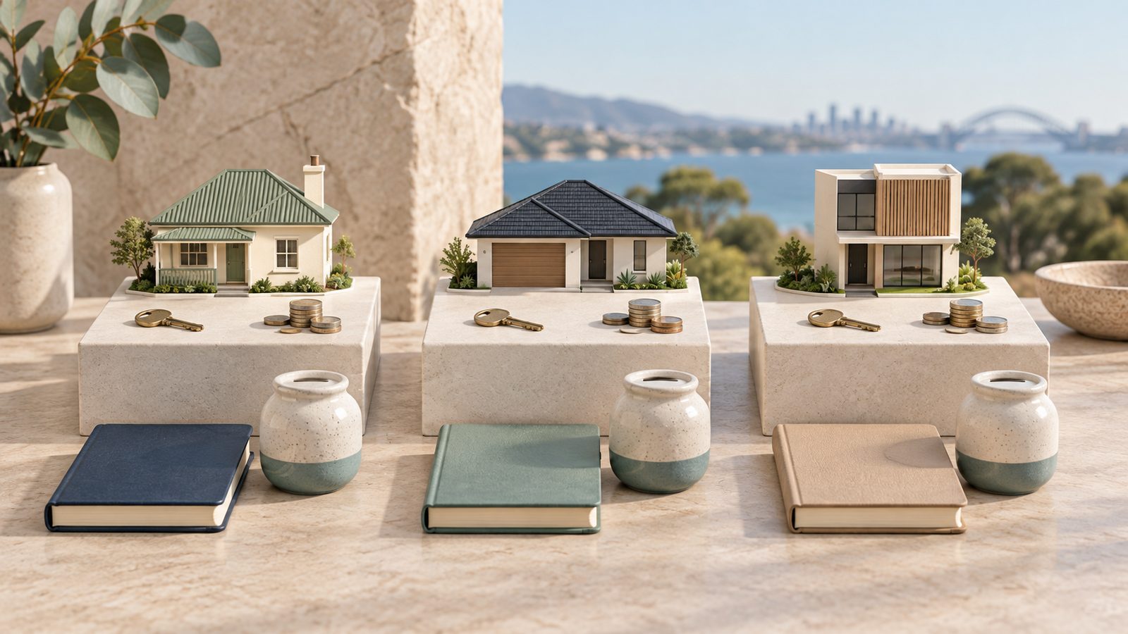 Three house models with keys, coins, savings jars and ledgers illustrate a comparison of housing and household finances across generations