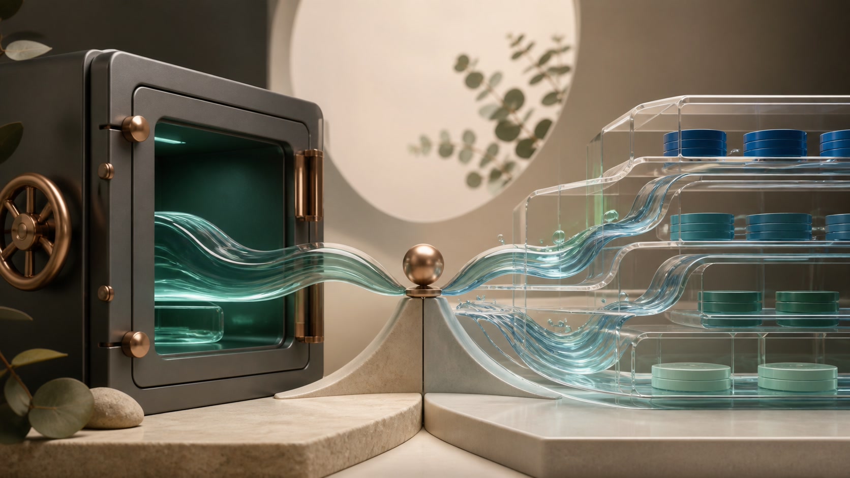 A conceptual comparison of a safe and open channels holding coin-like stacks, representing deposit security and fund liquidity.