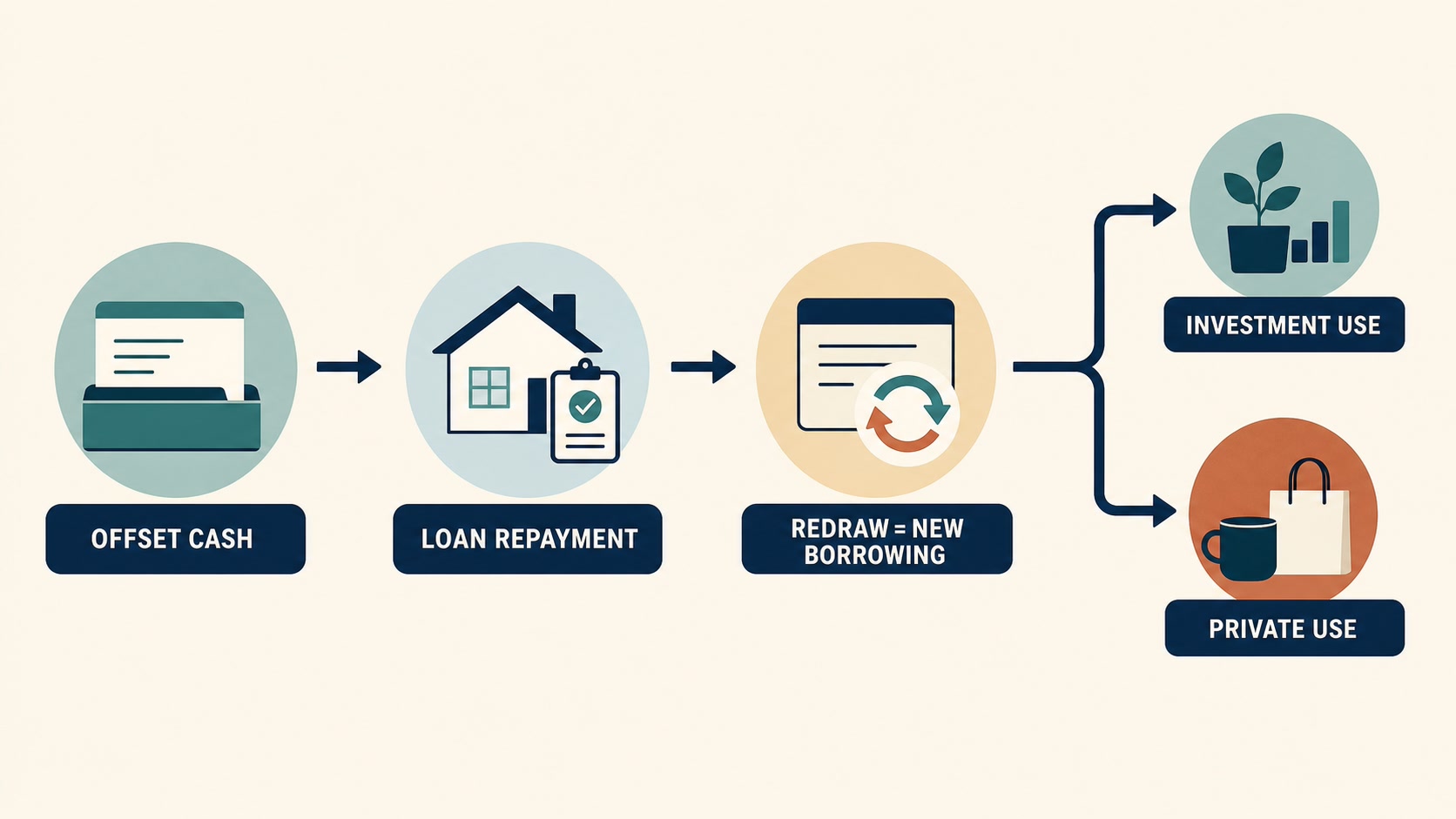 Offset cash flowing through a home-loan repayment and redraw before separating into investment and private uses