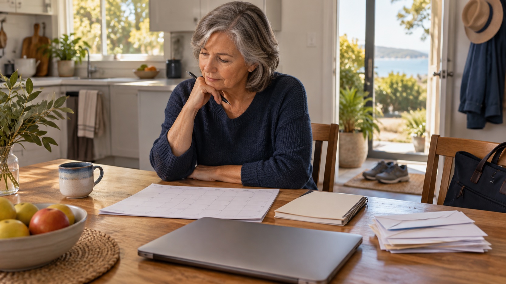 Older Australian reviewing a calendar and household budget at a kitchen table before deciding when to stop work.