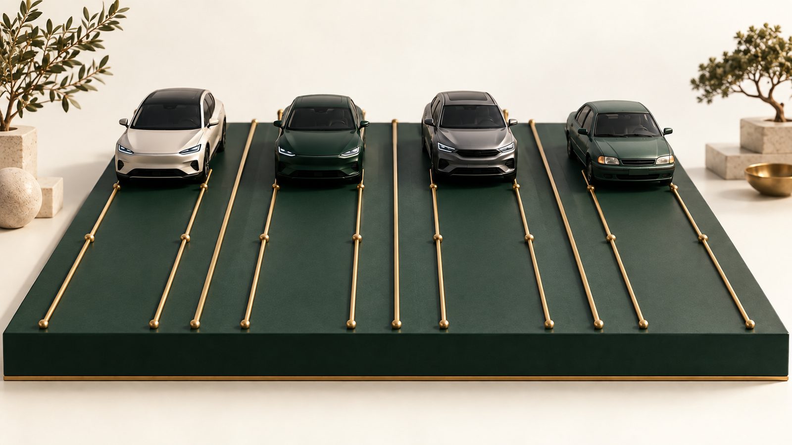 Four unbranded car models on separate lanes, illustrating a comparison of vehicle-finance choices.