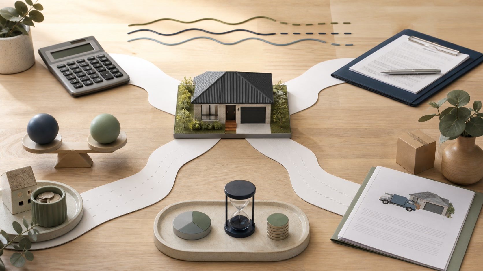 Mortgage choices branching around an Australian home, with a calculator, contracts, offset savings and time horizons