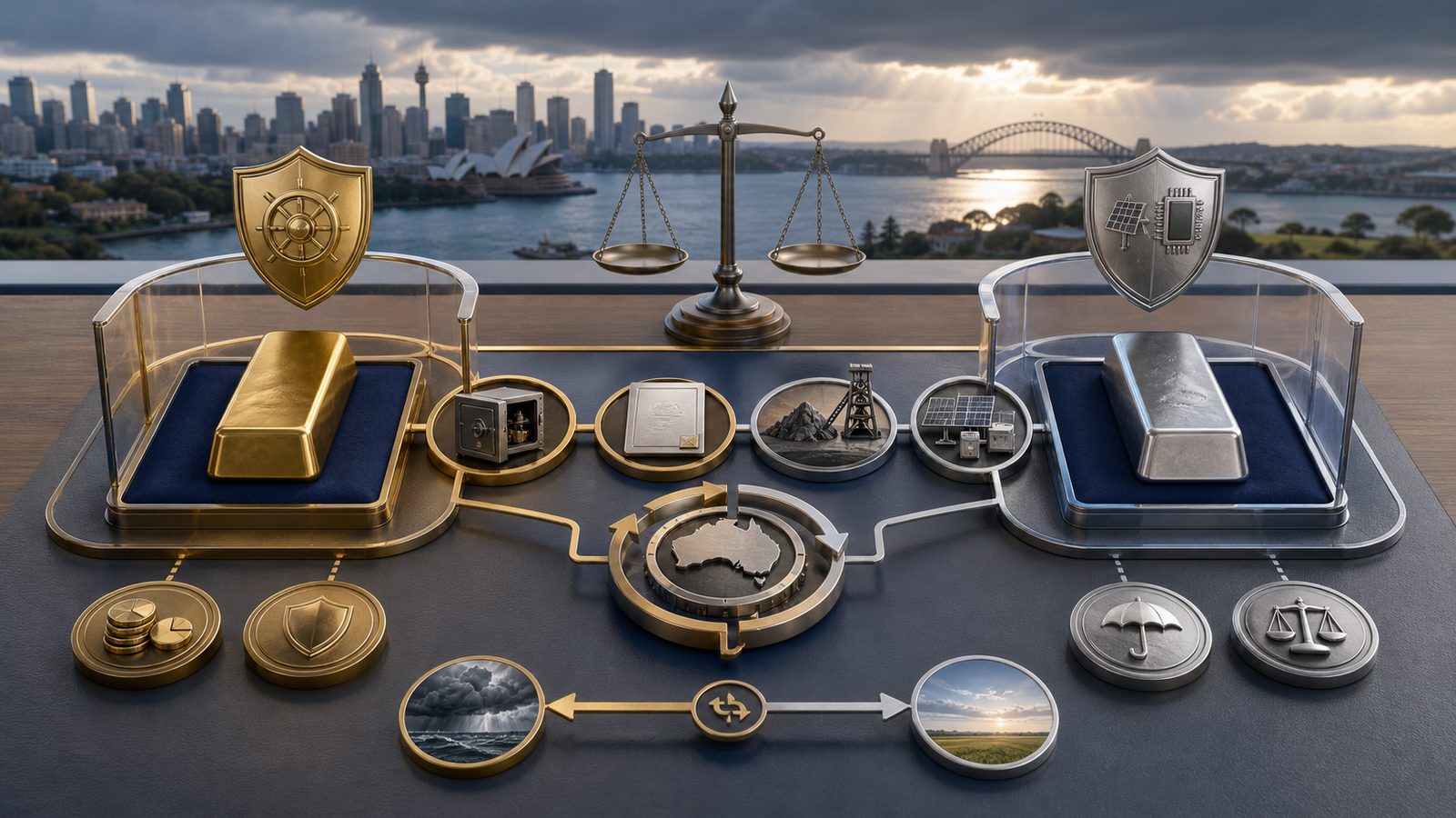 Gold and silver compared as Australian portfolio buffers with custody, fund, mining, currency and review paths
