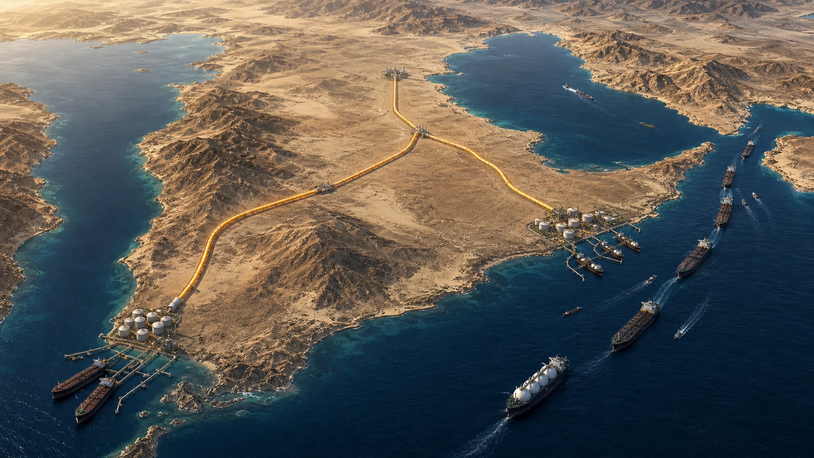 Oil tankers and an LNG carrier passing Hormuz beside Saudi and UAE bypass pipelines and constrained export terminals