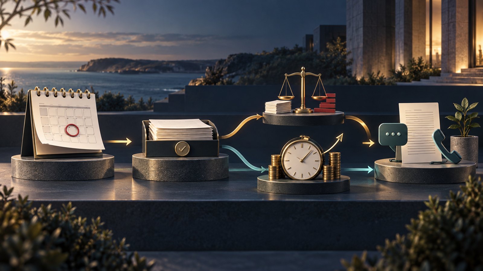 Calendar, document tray, balance scales, clock with coins, and phone arranged in a sequence for an overdue tax return