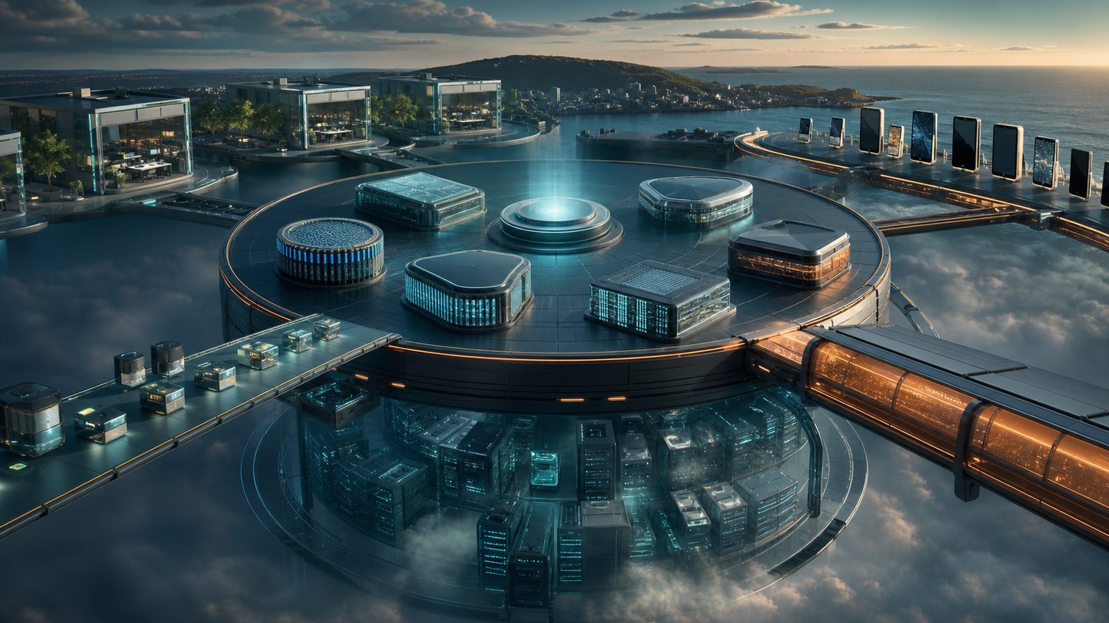 Conceptual circular platform with modular computing units connected to offices, mobile devices and server infrastructure