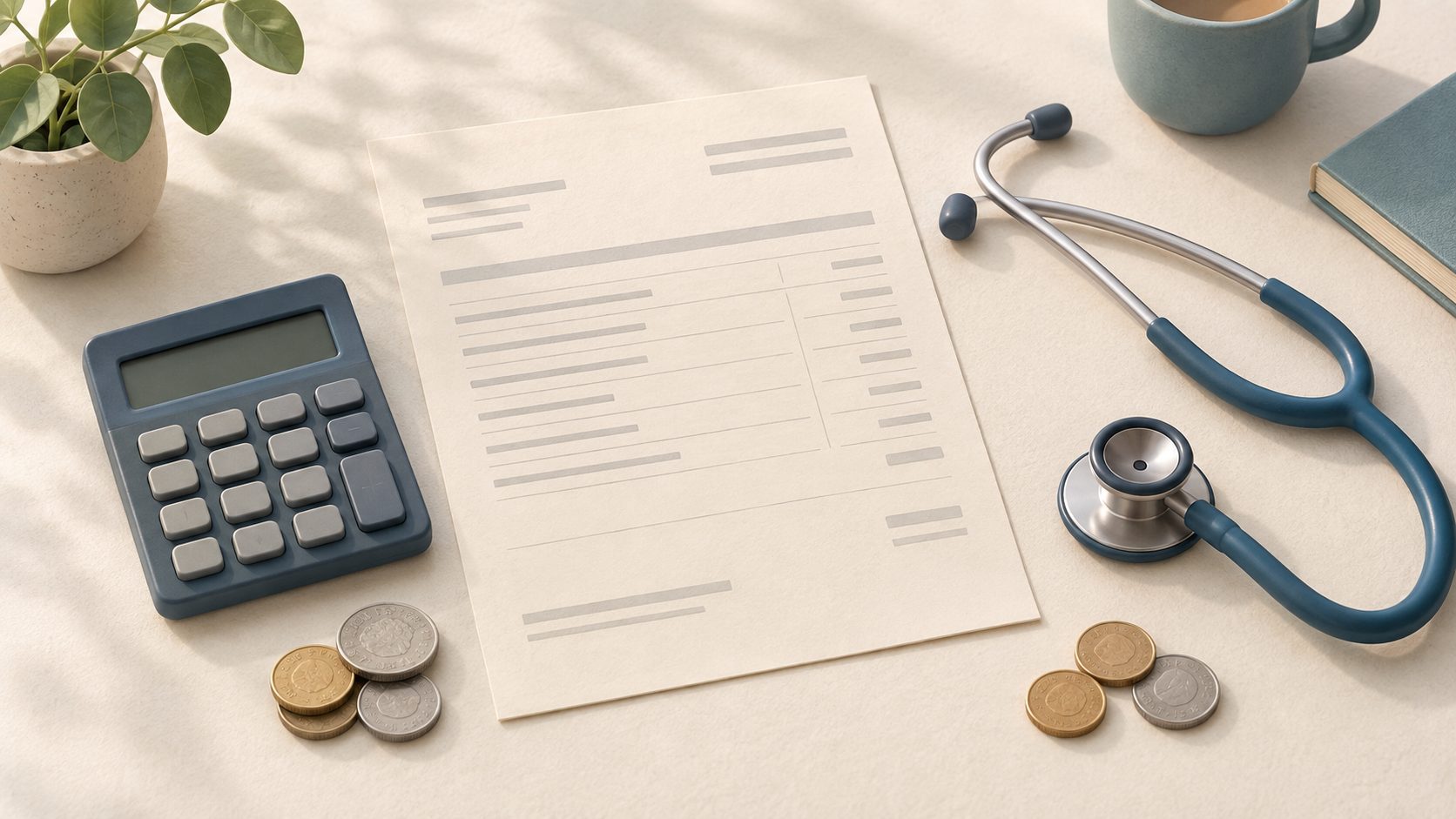 An illustrative medical bill beside a calculator, stethoscope and small coin groups, representing the cost left after Medicare benefits.