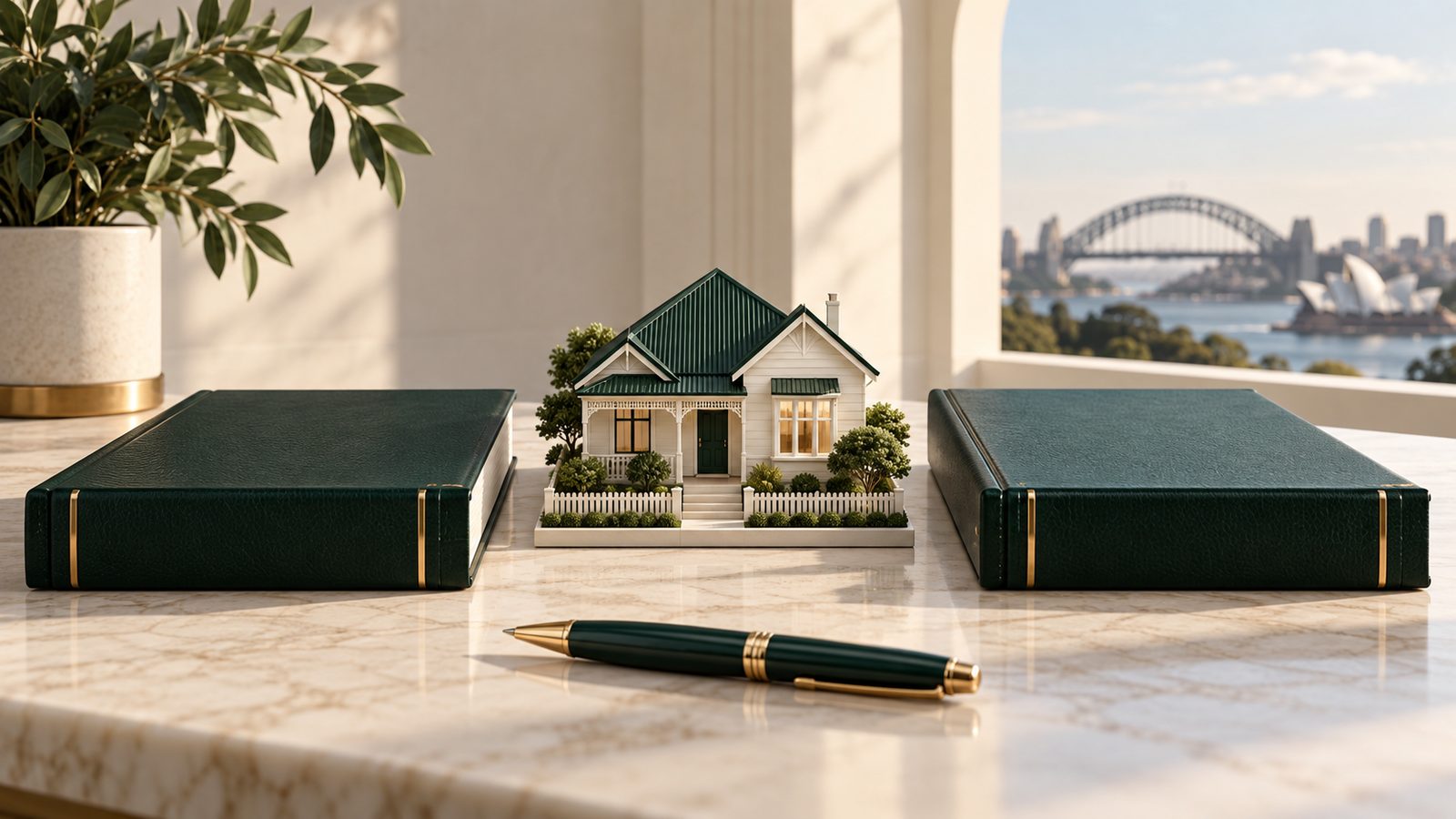 Conceptual illustration of an Australian-style house model between two accounting books.