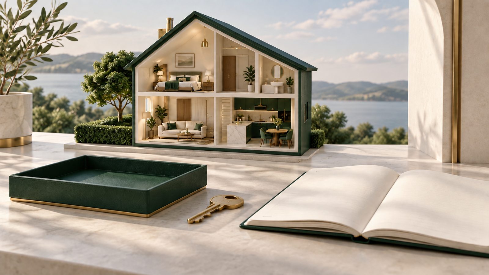 Conceptual illustration of a cutaway house model beside an empty account tray, key and blank ledger.