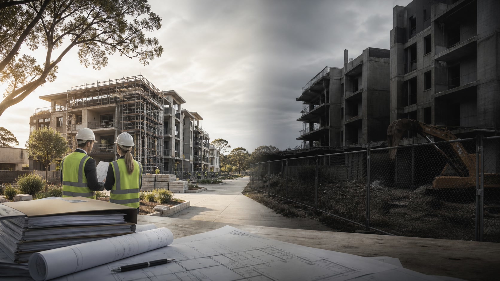 An Australian apartment development split between an orderly construction restart and a fenced, stalled site under administration
