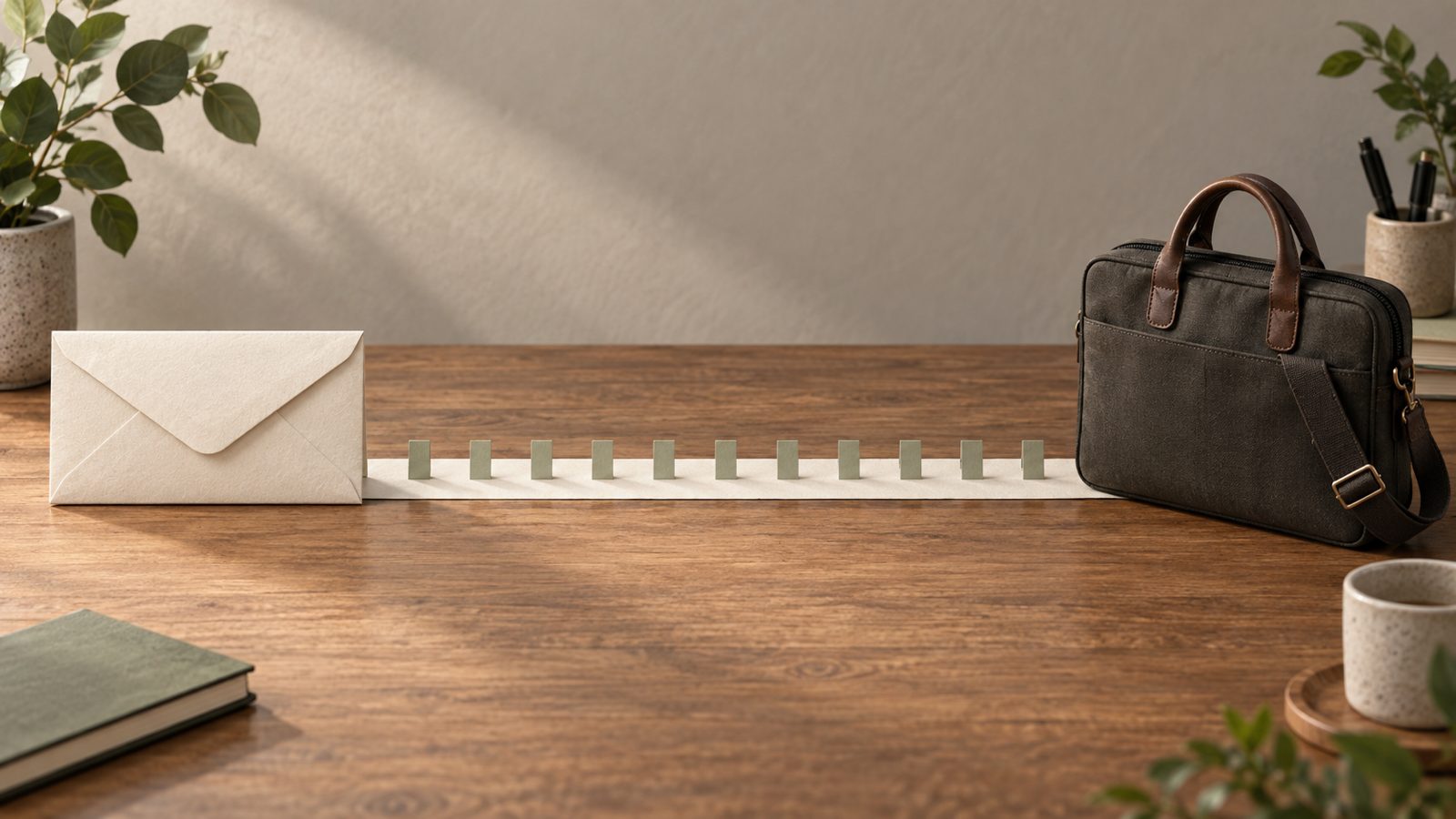 An envelope and a work bag linked by evenly spaced monthly markers on a desk, illustrating a payout-versus-salary comparison.
