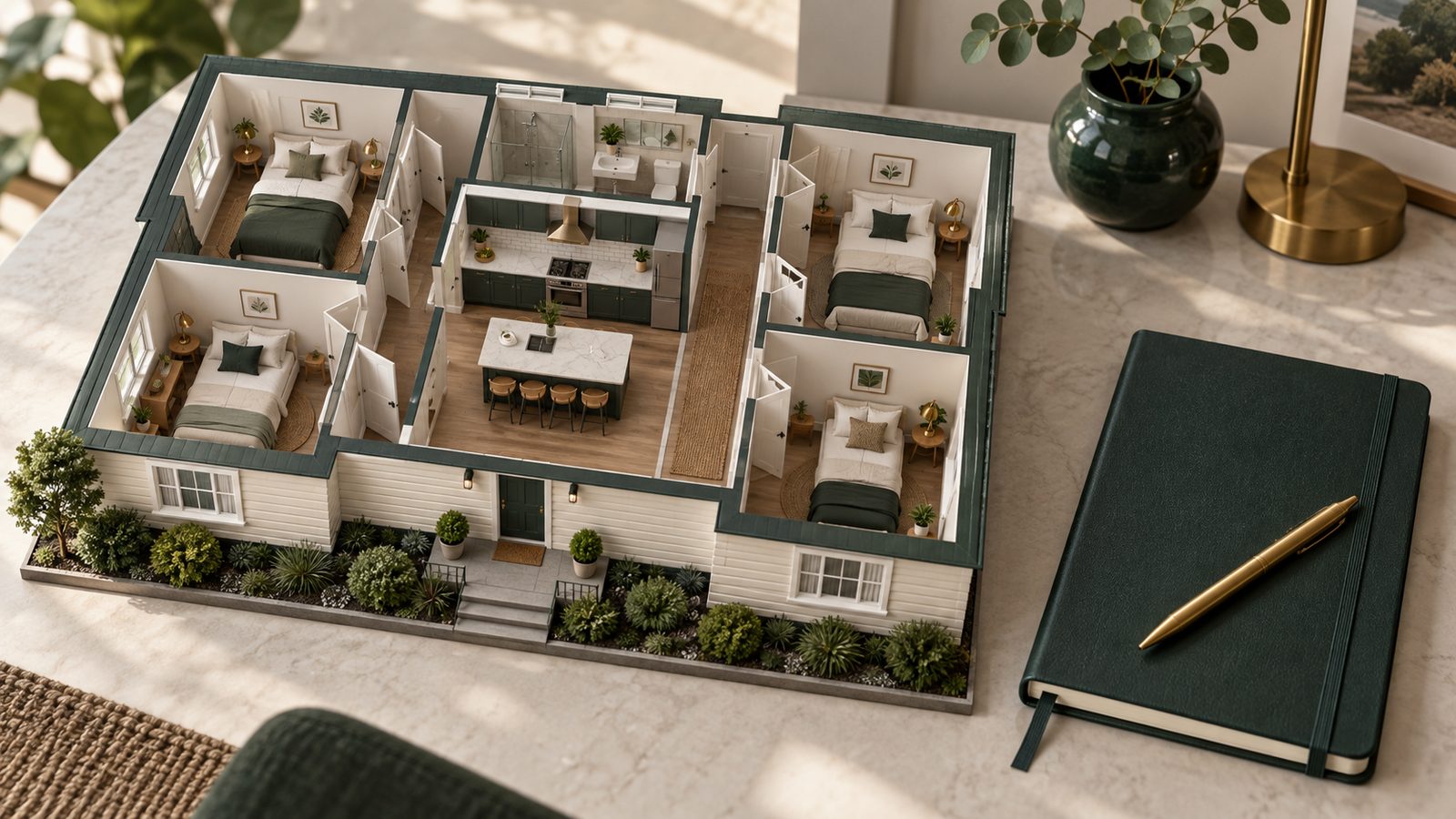 Cutaway shared-house model with four bedrooms and a shared kitchen beside an accounting notebook.