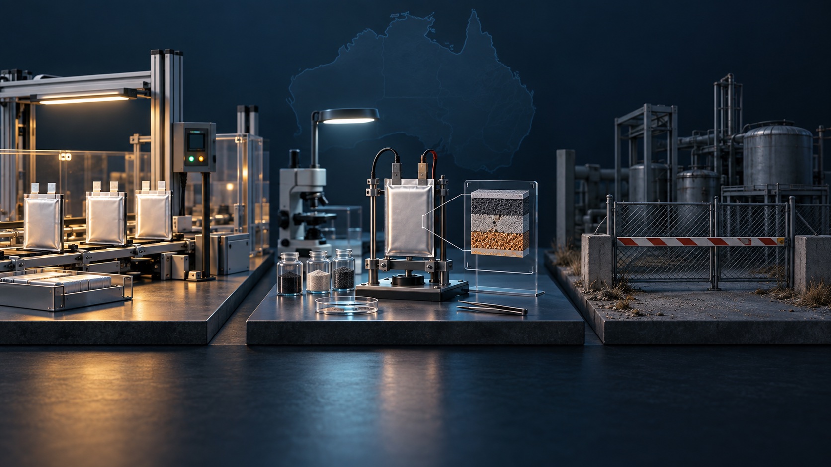 Editorial illustration of three battery-project stages: a small pilot cell line, one pouch cell under laboratory test, and a closed project gate. It does not depict the companies' actual facilities.
