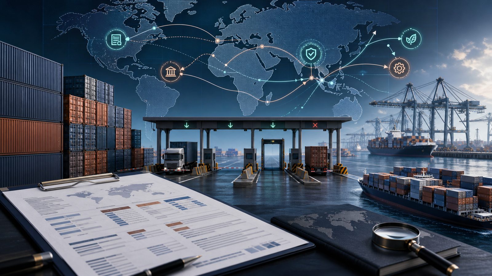 Customs inspection lanes, shipping containers and branching trade routes showing tariff scope, origin checks and strategic exemptions