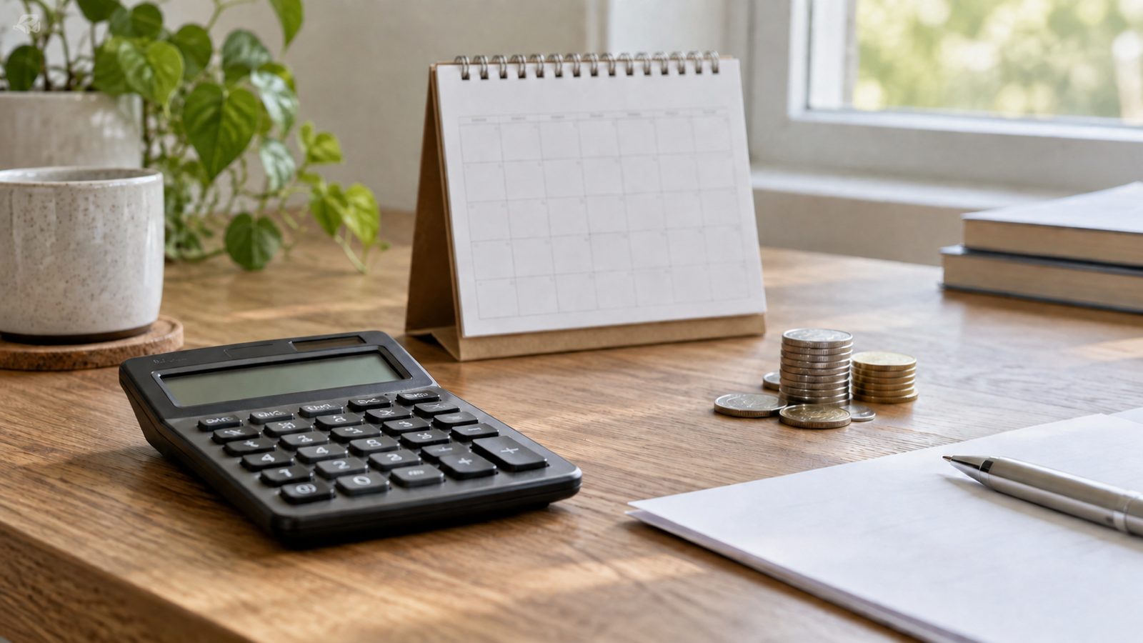 Calculator, calendar and coins on a desk illustrating the cost and timing of early term deposit access.