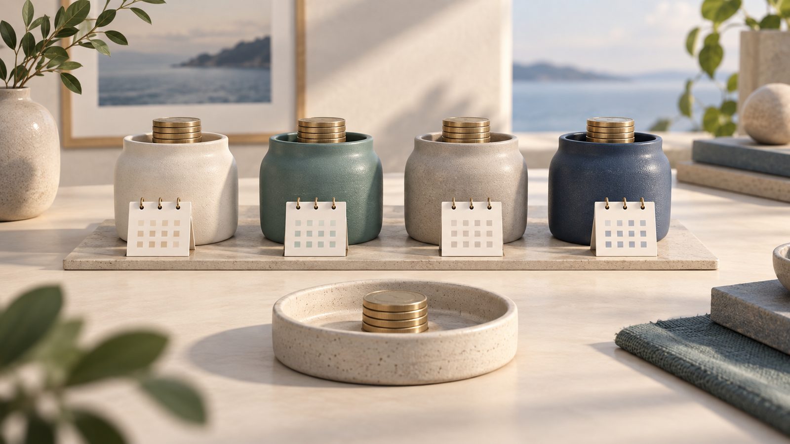 Four coin-filled containers with calendar symbols represent staggered term deposits, with a separate tray for accessible cash