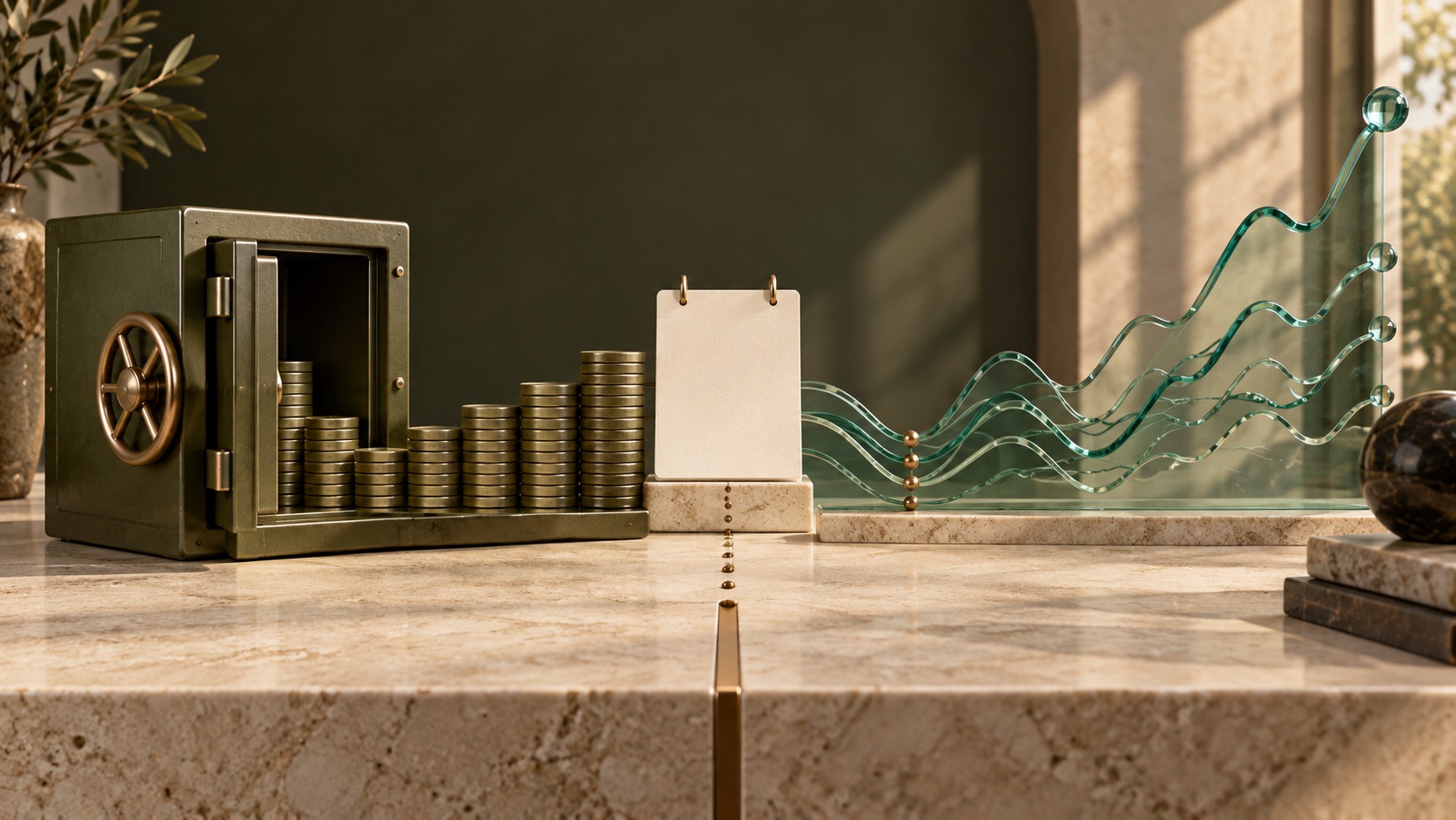 A dated cash need separated from a long-horizon share investment, symbolised by a calendar, deposit vault and market path